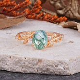 Nature-Inspired Oval Cut Leaf Moss Agate Promise Ring for Women